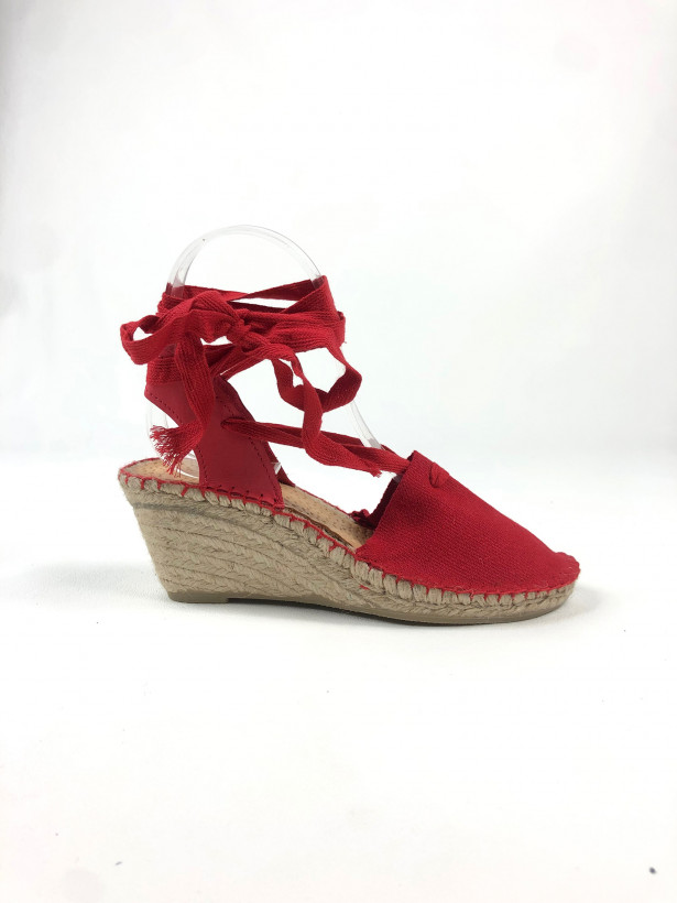 Espadrille talon toile lacets rouge