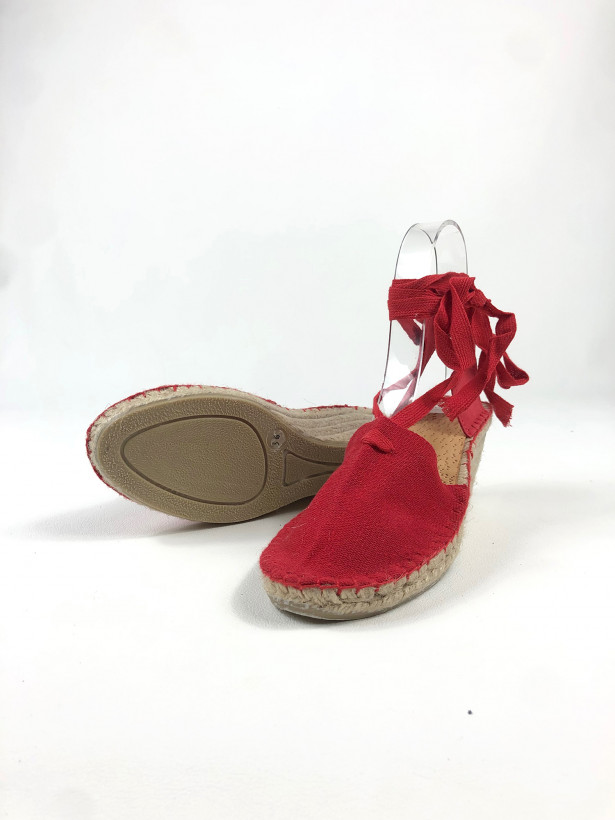 Espadrille talon toile lacets rouge