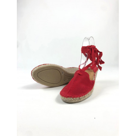 Espadrille talon toile lacets rouge